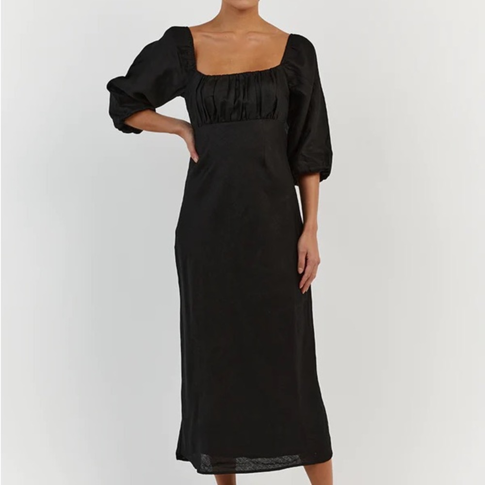 LILAH BLACK LINEN MIDI DRESS